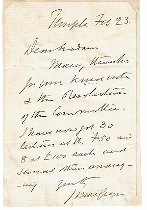 AUTOGRAPH LETTER SIGNED by the Scottish Sportsman & Explorer JOHN MACGREGOR, who is said to have ...