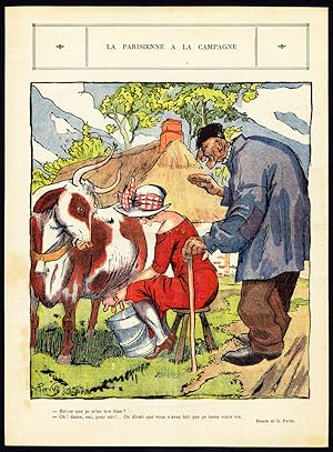 Old satire print-PARIS GIRL AT THE COUNTRYSIDE-MILKING COW-le Rire-Pavis-1927