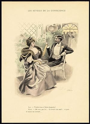 Antique Print-LES REVEILS DE LA CONSCIENCE-19TH CENTURY COSTUME-ROMANCE-Bac-1890