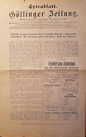 Bild des Verkufers fr Extrablatt. Gttinger Zeitung. 2. August 1914. Russische Truppen berschreiten die deutsche Grenze! Frankreich mobilisiert! Der Reichstag wird einberufen! Rede des Kaisers! (Original-Publikation der "Gttinger Zeitung"). zum Verkauf von Antiquariat Schwarz & Grmling GbR