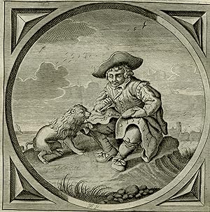 Antique Emblem-Satire-Proverb Print-MAN-DOG-FLUTE-SPOILING-Venne-Cats-1655