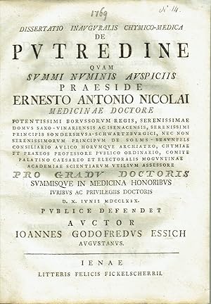 Bild des Verkufers fr Dissertatio inauguralis chymico-medica de putredine. zum Verkauf von Antiquariat Dietmar Brezina