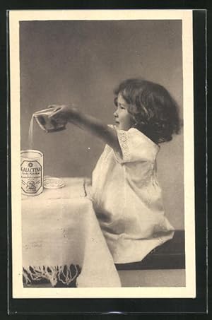 Ansichtskarte Galactina, Farine lactée, Kleines Mädchen sitzt mit Schüssel in der Hand am Tisch