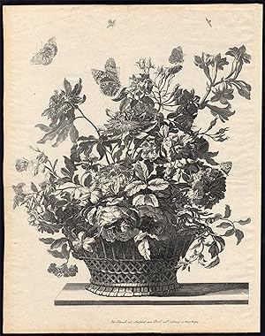 Rare Antique Print-BASKET OF FLOWERS-ROSE-LILY-INSECT-Allard-Schenk-c. 1690
