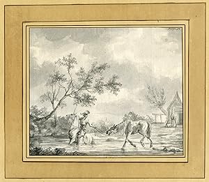 Antique Drawing-RIDER-LEADING HORSE-RIVER-Molijn-ca. 1830