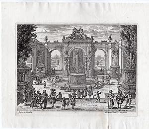 3 Antique Prints-FRENCH GARDEN-CASTLE-FOUNTAIN-Perelle-1688