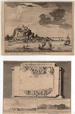 2 Antique Prints-GIBRALTAR-SEA-CASTLE-van der Aa-c.1727