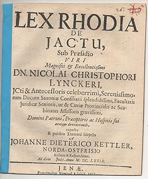 Seller image for Juristische Disputatio. Lex Rhodia de iactu. for sale by Wissenschaftliches Antiquariat Kln Dr. Sebastian Peters UG