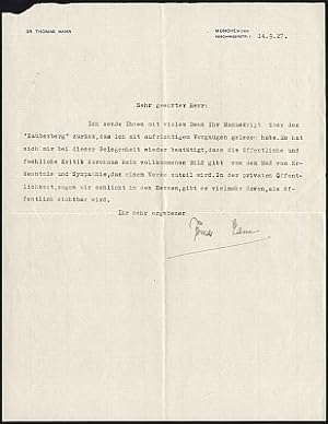 Maschinenschriftlicher Brief vom 14. 9. 1927, mit eigenhändiger Unterschrift.