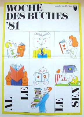 Woche des Buches '81. Vom 8. bis 15. Mai. Farbiges Bildplakat. Entwurf: Rolf F. Müller.