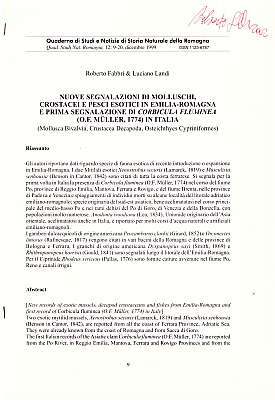 Bild des Verkufers fr Nuove Segnalazioni di Molluschi, Crostacei e Pesce Esotici in Emilia-Romagna e Prima Segnalazione di Corbicula fluminea (O.F. Mller, 1774) in Italia (Mollusca Bivalvia, Crustacea Decapoda, Osteichthyes Cypriniformes) zum Verkauf von ConchBooks