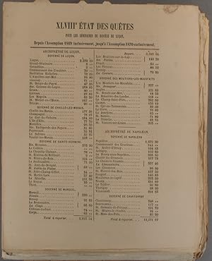 Seller image for XLVIIIe tat des qutes pour les sminaires du diocse de Luon : depuis l'Assomption 1869 inclusivement, jusqu' l'Assomption 1870 exclusivement. 17 aot 1870. for sale by Librairie Et Ctera (et caetera) - Sophie Rosire