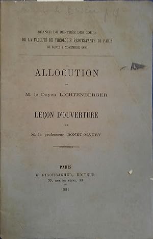 Séance de rentrée des cours de la Faculté de Théologie Protestante de Paris, novembre 1881. Alloc...