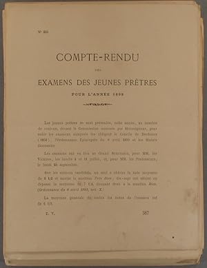 Immagine del venditore per Compte rendu des examens des jeunes prtres pour l'anne 1898. venduto da Librairie Et Ctera (et caetera) - Sophie Rosire