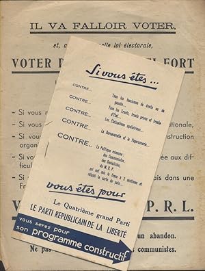 Tract :Voter pour un parti fort et brochure programme du P.R.L. Contre un gouvernement marxiste,...