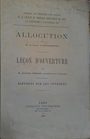Séance de rentrée des cours de la Faculté de Théologie Protestante de Paris, novembre 1887. Alloc...