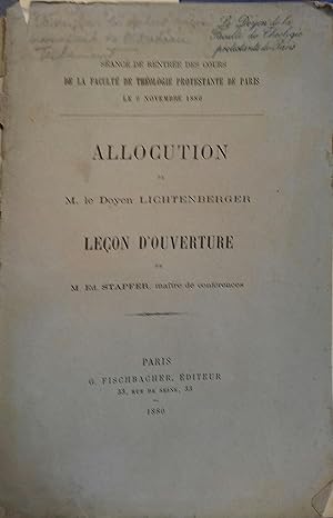 Séance de rentrée des cours de la Faculté de Théologie Protestante de Paris, novembre 1880. Alloc...