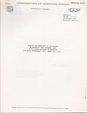 Image du vendeur pour Text of Broadcast to the Nation on Wednesday 26th October, 1983 by the Prime Minister of Barbados The Right Honourable Tom Adams mis en vente par Books of the World