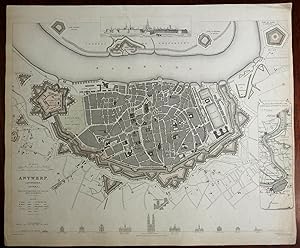 Antwerp Belgium Anvers detailed city plan architectural views c 1840 SDUK map