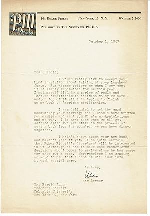 TYPED LETTER TO HAROLD RUGG OF COLUMBIA UNIVERSITY'S TEACHERS COLLEGE SIGNED BY JOURNALIST MAX LE...