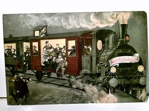 Feuchtfröhliche Fahrt !. Alte, seltene Scherz / Künstlerkarte farbig, gel. als Feldpost 1914. Zug...
