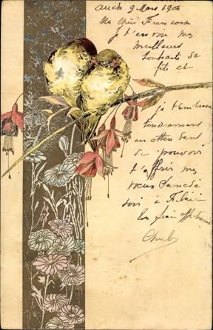 Präge Ansichtskarte / Postkarte Vögel auf einem Zweig, Blumen, Fuchsien