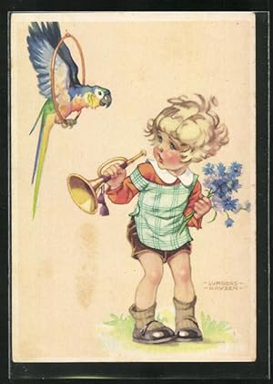 Bild des Verkufers fr Knstler-Ansichtskarte Ilse Wende-Lungershausen: Kind und Papagei zum Verkauf von Bartko-Reher
