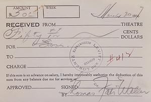 Imagen del vendedor de Document signed, receipt for $50 a la venta por James Cummins Bookseller, ABAA