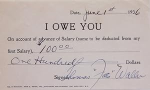 Imagen del vendedor de Document signed, "I Owe You On account of advance of Salary.$100.00." a la venta por James Cummins Bookseller, ABAA