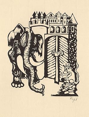 Seller image for (Schlo, Burg mit Elefant und Maus) Original-Linolschnitt von Hermet Ripe zu der Fabel "Der Elefant und die Maus" von Johann Wilhelm Ludwig Gleim. for sale by Antiquariat Steffen Vlkel GmbH