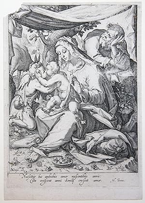 [Antique print, engraving] The Holy Family beneath a canopy/De Heilige familie onder een luifel, ...