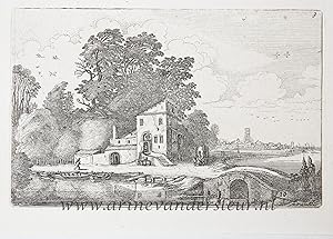 [Antique etching, ets, landscape print] J. v.d. Velde II, House near a stone bridge in a river la...