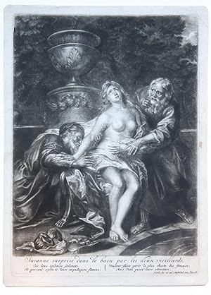 [Antique print, mezzotint] Susanna and the Elders (Susanna en de ouderlingen), published ca. 1650...