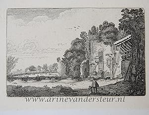 [Antique etching, ets, landscape print] J. v.d. Velde II, Woman with child by a ruined house, pub...