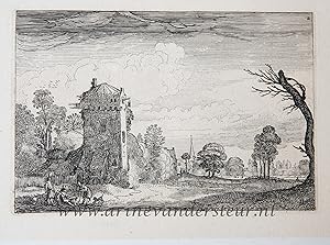 Antique print, etching | Hunters with dogs by a tower in a landscape, published before 1713, 1 p.