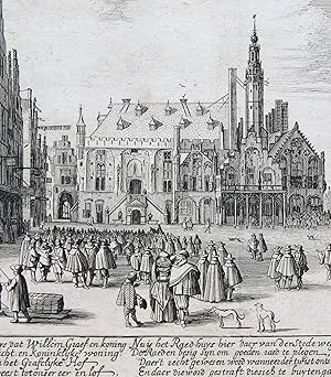 Antique print, Haarlem I Haarlem's Grote Markt with the Townhall, published 1628, 1 p.