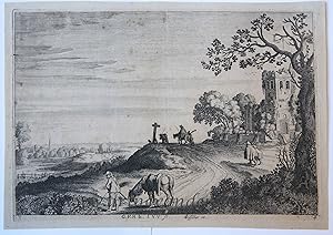 [Antique print, etching] Country road along a ruined church/Landweg bij een kerk ruine, published...