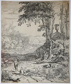 [Antique print, etching/ets] Italian landscape by the water, published 1650-1700.