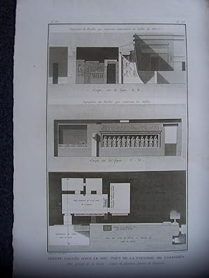 Grotte Taillé dans le roc, près la Pyramide de Chephren. Plan général de la Grotte. Coupes de plu...