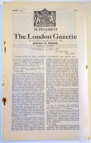 Bild des Verkufers fr Supplement to The London Gazette of Tuesday, the 9th of July 1946 - Operations in East Africa November 1940 to July 1941. No 37645. zum Verkauf von Tony Hutchinson