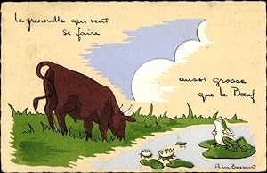 Künstler Ansichtskarte / Postkarte Kuh frisst Gras und Frösche sehen zu