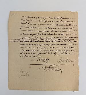 MANUSCRIPT SIGNED BY LÉMERY, BOULDUC, AND GEOFFROY