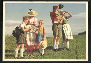 Ansichtskarte Familie in indanthrenfarbiger Kleidung, Reklame