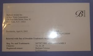 Swedish Trademark Registration for The Addams Family. Sent to Lady Barbara Colyton, April 8, 2003.