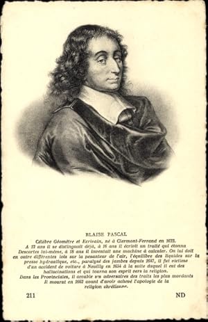 Bild des Verkufers fr Knstler Ansichtskarte / Postkarte Blaise Pascal, Franzsischer Mathematiker und Physiker zum Verkauf von akpool GmbH