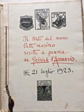 Il testo del nuovo Patto marino scritto a penna da Gabriele d'Annunzio 11 luglio 1923.
