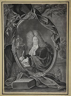 Bild des Verkufers fr Portrt. Halbfigur am Schreibtisch in Zieroval, umgeben von Zierrat und Bchern. Kupferstich in Schabkunstmanier (Mezzotinto) von Bernhard Vogel (1683-1737) nach Christoph Ludwig Agricola. zum Verkauf von Antiquariat  Braun