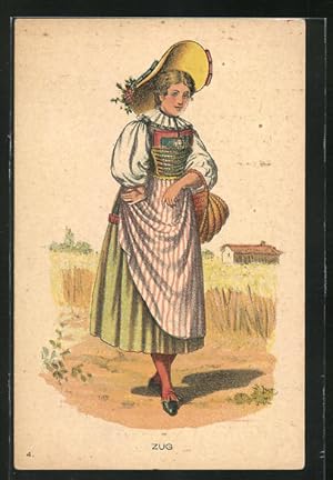 Ansichtskarte Zug, Trachtenfrau mit Blumenhut und Korb