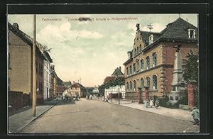 Ansichtskarte Fechenheim, Lindenstrasse mit Schule und Kriegerdenkmal