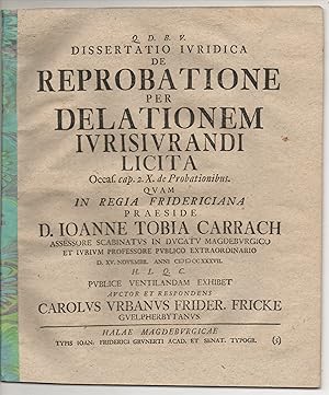 Bild des Verkufers fr Juristische Dissertation. De reprobatione per delationem iurisiurandi licita, Occas. cap. 2. X. de probationibus. zum Verkauf von Wissenschaftliches Antiquariat Kln Dr. Sebastian Peters UG